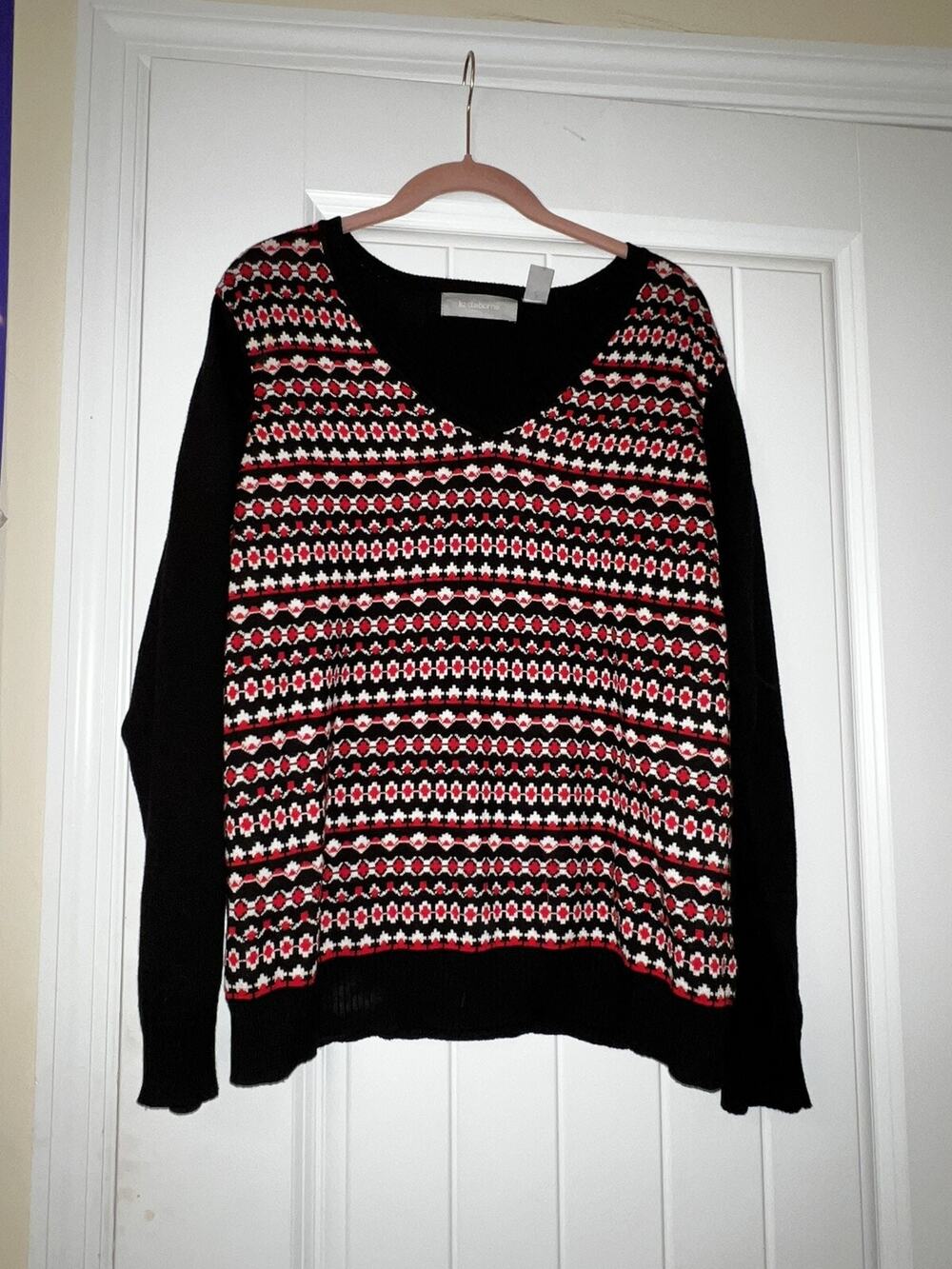 Liz Claiborne womens black red v neck geometric patterned sweater long sleeve LG